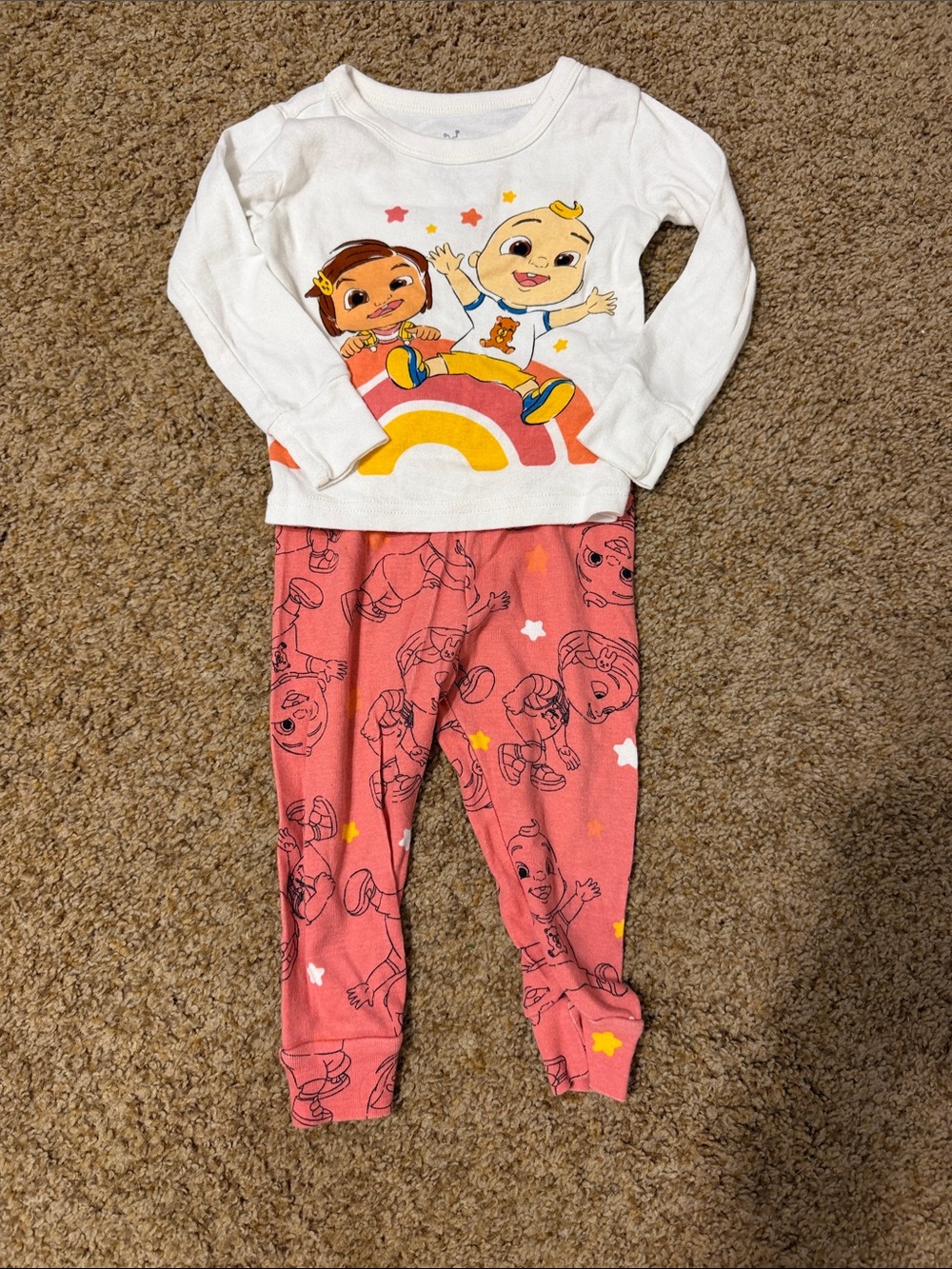 Girls White and Coral Two-Piece Pajama Set with Rainbow Character Print